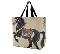 LPSADGF Sac fourre-tout Happy Irish Holidays pour femme - Sac d'épicerie pliable réutilisable, sac à main à bandoulière, Peinture traditionnelle chinoise cheval, 40x40x16cm