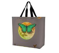 LPSADGF Sac fourre-tout punk rock avec écouteurs crânes pour femme - Sac d'épicerie pliable réutilisable, sac à main à bandoulière, Papillon vert soleil et lune, 40x40x16cm