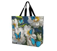 LPSADGF Sac fourre-tout réutilisable et pliable avec motif fleurs de coquelicot pour femme, White Blooms Blue Butterflies, 40x40x16cm