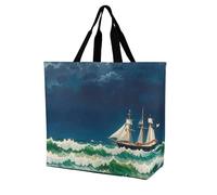 LPSADGF Sac fourre-tout shabby chic pour femme - Sac d'épicerie pliable et réutilisable, sac à bandoulière, Voilier vintage Stormy Waves, 40x40x16cm