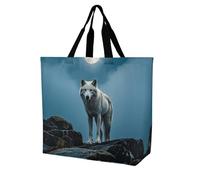 LPSADGF Sac fourre-tout shabby chic pour femme - Sac d'épicerie pliable et réutilisable, sac à bandoulière, Le loup blanc sur le rocher, 40x40x16cm