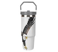 LPSADGF Sketch of Bald Eagle Diving Gobelet de 887 ml avec paille, tasse de voyage isotherme en acier inoxydable avec poignée, tasse à café sous vide à double paroi, couvercle anti-fuite, garde les