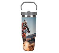 LPSADGF Sports Motorcycle - Gobelet de 887 ml avec paille - Tasse de voyage isotherme en acier inoxydable avec poignée - Tasse à café à double paroi sous vide - Couvercle anti-fuite, garde les