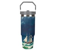 LPSADGF Stormy Waves - Gobelet de 887 ml avec paille - Tasse de voyage isotherme en acier inoxydable avec poignée - Tasse à café à double paroi sous vide - Couvercle anti-fuite, garde les boissons