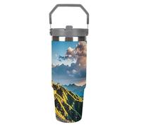 LPSADGF The Great Wall of China - Gobelet de 887 ml avec paille, tasse de voyage isotherme en acier inoxydable avec poignée, tasse à café sous vide à double paroi, couvercle anti-fuite, garde les