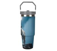 LPSADGF The White Wolf on The Rock Gobelet de 887 ml avec paille, tasse de voyage isotherme en acier inoxydable avec poignée, tasse à café sous vide à double paroi, couvercle anti-fuite, garde les