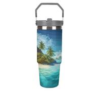 LPSADGF Tropical Island - Gobelet de 887 ml avec paille, tasse de voyage isotherme en acier inoxydable avec poignée, tasse à café sous vide à double paroi, couvercle anti-fuite, garde les boissons