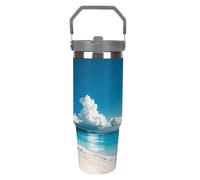 LPSADGF White Beach - Gobelet de 887 ml avec paille, tasse de voyage isotherme en acier inoxydable avec poignée, tasse à café sous vide à double paroi, couvercle anti-fuite, garde les boissons chaudes