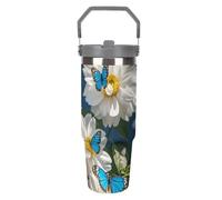 LPSADGF White Blooms Gobelet de 887 ml avec paille, tasse de voyage isotherme en acier inoxydable avec poignée, tasse à café sous vide à double paroi, couvercle anti-fuite, garde les boissons chaudes