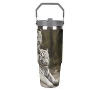 LPSADGF White Tigers - Gobelet de 887 ml avec paille, tasse de voyage isotherme en acier inoxydable avec poignée, tasse à café sous vide à double paroi, couvercle anti-fuite, garde les boissons