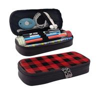 LPSRTWE Trousse à crayons de grande capacité en cuir avec fermeture éclair pour homme et femme Motif écossais Rouge/noir