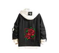 Lpstop Crâne Rose Sweat à Capuche en Jean Veste à imprimé tête de Mort Une Rose Sweat à Capuche Veste en Jean pour Femme Homme