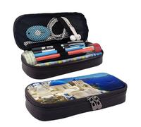 LPWTYCBV Santorini Trousse à crayons en cuir imprimé île grecque avec vue sur la mer avec fermeture éclair est très adaptée pour un usage quotidien., Noir , Taille unique, Trousse de maquillage
