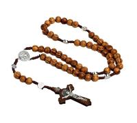 LQIOACU Collier Chapelet Croix Catholique, Perles de Prière en Bois Naturel avec Croix Médaille Jésus Christ Saint Benoît, pour Chrétiens Catholiques Communion Religieuse, Baptême, Bible, 1 pièce