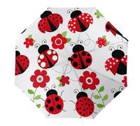 LQIOFHN Parapluie Pliant Automatique Fleurs Rouges Et Coccinelle Et Coccinelle Parapluies Portables Parapluie Solaire Uv Parapluie De Voyage Résistant Au Vent