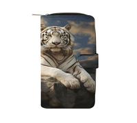 LQPMNK Portefeuille en cuir synthétique, motif tigre majestueux reposant sur un rocher avec imprimé nuageux avec plusieurs fentes portefeuille élégant portefeuille de voyage portefeuille de voyage