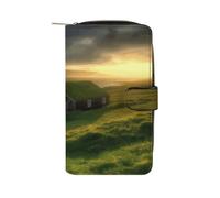 LQPMNK Portefeuille en cuir synthétique, portefeuille à deux volets, motif hutte, herbe, rayons du soleil, avec plusieurs emplacements, portefeuille élégant pour affaires, portefeuille, de voyage,