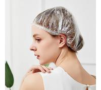 LQSSA Charlotte jetable Douche Bonnet de Cheveux Plastique élastique imperméable Transparent Film Collant Salle de Bains Cuisine hôtel Salon de Coiffure Spa Voyage (100 pièces)