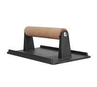 Lquminesque Presse à grillade en Fonte pour Steaks et Bacon, Plaque de Cuisson Robuste pour Barbecue avec Manche en Bois Massif, Base rainurée antidérapante pour Une Cuisson Uniforme sur Une