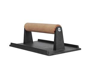 Lquminesque Presse à grillade en Fonte pour Steaks et Bacon, Plaque de Cuisson Robuste pour Barbecue avec Manche en Bois Massif, Base rainurée antidérapante pour Une Cuisson Uniforme sur Une