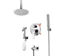 LR 8 inch Rain Shower System Chrome Shower Faucet Set with Tub Spout, Ceiling Mounted Shower Combo Set Brass Rain Mixer Shower with Shower Head, Handheld Shower, Bidet Sprayer,Round