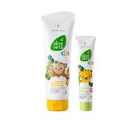 LR Aloe Vera Kids Ensemble de gel douche, shampooing et après-shampoing 3 en 1 + Gel dentaire magique scintillant (Ensemble amis de la jungle)