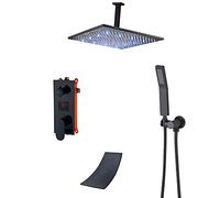 LR Black Rain Shower System LED Digital Display Shower Faucet Set Ceiling Mounted Shower Combo Set Brass Rain Mixer Shower with Waterfall Tub Spout, LED Shower Head, Handheld Shower,16 inch
