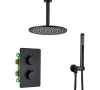 LR Black Rain Shower System Thermostatic Shower Faucet Set Ceiling Mounted Brass Shower Combo Set Single Handle Rain Mixer Shower with Round Shower Head, Handheld Shower,12 inch