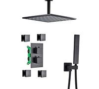 LR Black Rain Shower System Thermostatic Shower Faucet Set with 4 Body Spray Jets, Ceiling Mounted Shower Combo Set Brass Rain Mixer Shower with Shower Head, Handheld Shower,12 inch