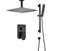 LR Rain Shower System Black Bathroom Shower Faucet Set with Handheld Shower, Ceiling Mounted Shower Combo Set Brass Rain Mixer Shower with Shower Head, Lifting Rod,8 inch