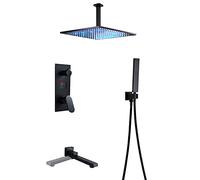 LR Rain Shower System Black LED Digital Display Shower Faucet Set with Rotatable Tub Spout, Ceiling Mounted Shower Combo Set Brass Rain Mixer Shower with Handheld Shower, LED Shower Head,16