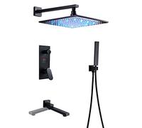 LR Rain Shower System Black LED Digital Display Shower Faucet Set with Rotatable Tub Spout, Wall Mounted Shower Combo Set Brass Rain Mixer Shower with Handheld Shower, LED Shower Head,12 Inc