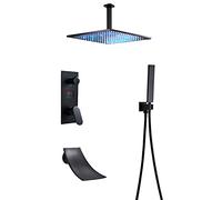LR Rain Shower System Black LED Digital Display Shower Faucet Set with Waterfall Tub Spout, Ceiling Mounted Shower Combo Set Brass Rain Mixer Shower with Handheld Shower, LED Shower Head,12