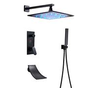 LR Rain Shower System Black LED Digital Display Shower Faucet Set with Waterfall Tub Spout, Wall Mounted Shower Combo Set Brass Rain Mixer Shower with Handheld Shower, LED Shower Head,12 Inc