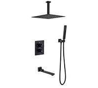 LR Rain Shower System Black Shower Faucet Set LED Digital Display Shower Combo Set Brass Rain Mixer Shower with 10 inch Shower Head, Handheld Shower, Rotatable Tub Spout,Ceiling Mount
