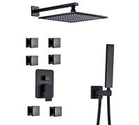LR Rain Shower System Black Shower Faucet Set with 6 Body Spray Jets, Ceiling Mounted Brass Shower Combo Set Single Handle Rain Mixer Shower with Shower Head, Handheld Shower,10 inch