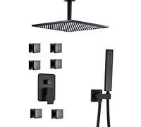 LR Rain Shower System Black Shower Faucet Set with 6 Body Spray Jets, Wall Mounted Brass Shower Combo Set Single Handle Rain Mixer Shower with Shower Head, Handheld Shower,16 inch