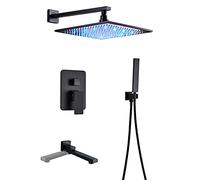 LR Rain Shower System Black Shower Faucet Set with Rotatable Tub Spout, Wall Mounted Shower Combo Set Brass Single Handle Rain Mixer Shower with Handheld Shower, LED Shower Head,10 inch