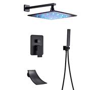 LR Rain Shower System Black Shower Faucet Set with Waterfall Tub Spout, Wall Mounted Shower Combo Set Brass Single Handle Rain Mixer Shower with Handheld Shower, LED Shower Head,16 inch