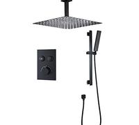LR Rain Shower System Black Thermostatic Shower Faucet Set Ceiling Mounted Shower Combo Set Brass Rain Mixer Shower with Square Shower Head, Handheld Shower, Lifting Rod,8 inch