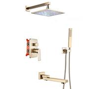 LR Rain Shower System Brushed Gold Bathroom Shower Faucet Set with Tub Spout, Wall Mounted Shower Combo Set Brass Rain Mixer Shower with LED Shower Head, Handheld Shower,12 inch