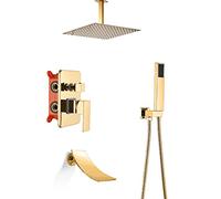 LR Rain Shower System Gold Bathroom Shower Faucet Set with Waterfall Tub Spout, Ceiling Mounted Shower Combo Set Brass Rain Mixer Shower with Shower Head, Handheld Shower,10 inch