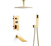 LR Rain Shower System Gold Digital Display Bathroom Shower Faucet Set with Waterfall Tub Spout, Ceiling Mounted Shower Combo Set Brass Rain Mixer Shower with Shower Head, Handheld Shower,10