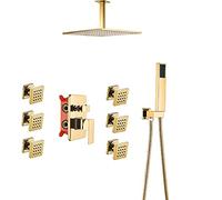 LR Rain Shower System Gold Shower Faucet Set with 6 Body Spray Jets, Ceiling Mounted Brass Shower Combo Set Single Handle Rain Mixer Shower with Shower Head, Handheld Shower,10 inch