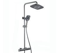 LR Rain Shower System Thermostatic Gray Shower Faucet Set Wall Mount Shower Combo Set Brass Rain Mixer Shower with Shower Head, Waterfall Tub Spout, 3 Modes Handheld Shower,Square