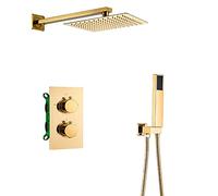 LR Thermostatic Rain Shower System Gold Bathroom Shower Faucet Set Wall Mounted Shower Combo Set Brass Rain Mixer Shower with Shower Head, Handheld Shower,12 inch