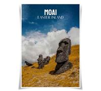 Lrajan&Daucus World Wanderlust Posters - 100 monuments mondiaux de style peinture à l'huile vintage, art mural en tissu A3 pour les amateurs de voyages et décoration d'intérieur (île de Pâques - Moai)