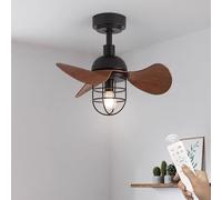 Lrenjon Ventilateur de Plafond Silencieux Avec Lumière et Télécommande, Lampe Plafonnier Grain de Bois 3 Pales, Noir Métal Fer Cage Petit E27 Pour Chambre Salon