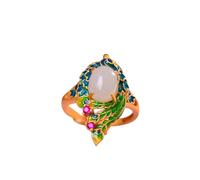LRFNKCT Bagues, bagues vintage, Bague en argent S925 plaqué or avec jade blanc Hetian naturel et émail de paon for femme