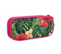 LRHCNZDCP Jolie trousse à crayons, feuilles de végétation avec fleurs d'hibiscus imprimées - Trousse à crayons - Trousse de maquillage pour voyage, école, bureau, noir, rose, Taille unique, Cartable